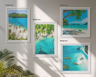 Conjunto de 4 quadros com moldura estampa de praias, palmeiras e água cristalina