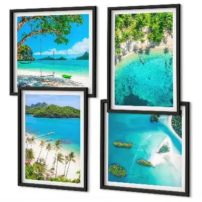 Conjunto de 4 quadros com moldura estampa de praias, palmeiras e água cristalina