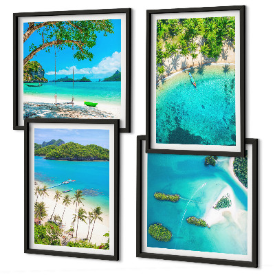 Conjunto de 4 quadros com moldura Praias, palmeiras, água cristalina