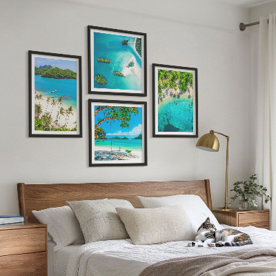 Conjunto de 4 quadros com moldura Praias, palmeiras, água cristalina