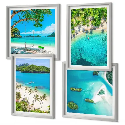 Conjunto de 4 quadros com moldura estampa de praias, palmeiras e água cristalina