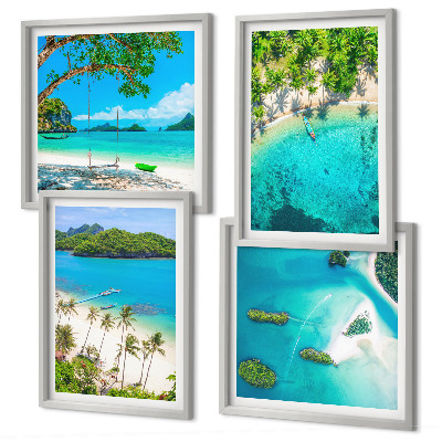 Conjunto de 4 quadros com moldura Praias, palmeiras, água cristalina