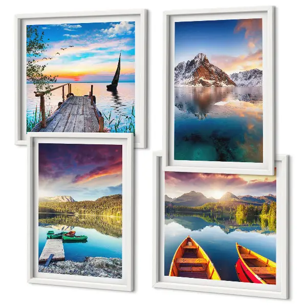 Composição de quadros com paisagens de lagos, montanhas e barco