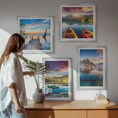 Composição de quadros com paisagens de lagos, montanhas e barco
