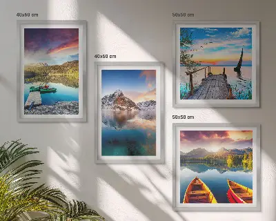 Composição de quadros com paisagens de lagos, montanhas e barco