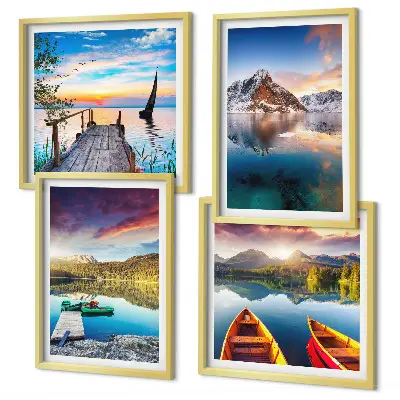 Composição de quadros com paisagens de lagos, montanhas e barco