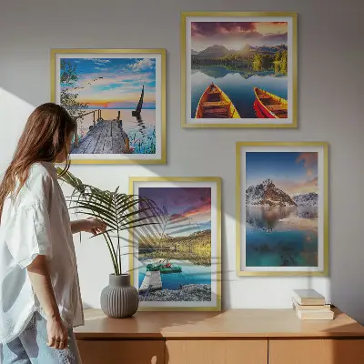 Composição de quadros com paisagens de lagos, montanhas e barco