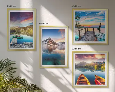 Composição de quadros com paisagens de lagos, montanhas e barco