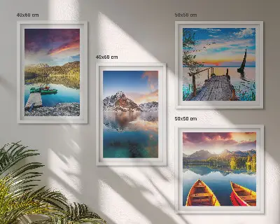 Composição de quadros com paisagens de lagos, montanhas e barco