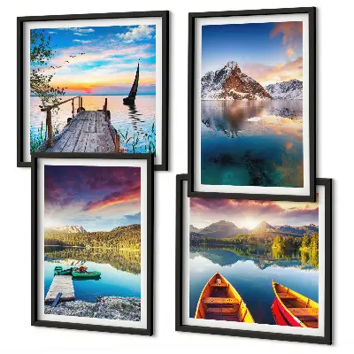 Composição de quadros com paisagens de lagos, montanhas e barco