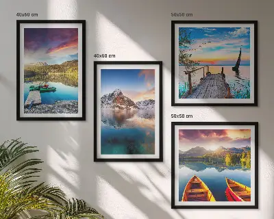 Composição de quadros com paisagens de lagos, montanhas e barco