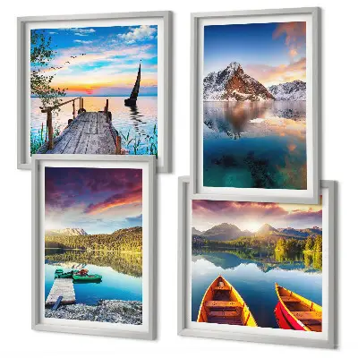 Composição de quadros com paisagens de lagos, montanhas e barco
