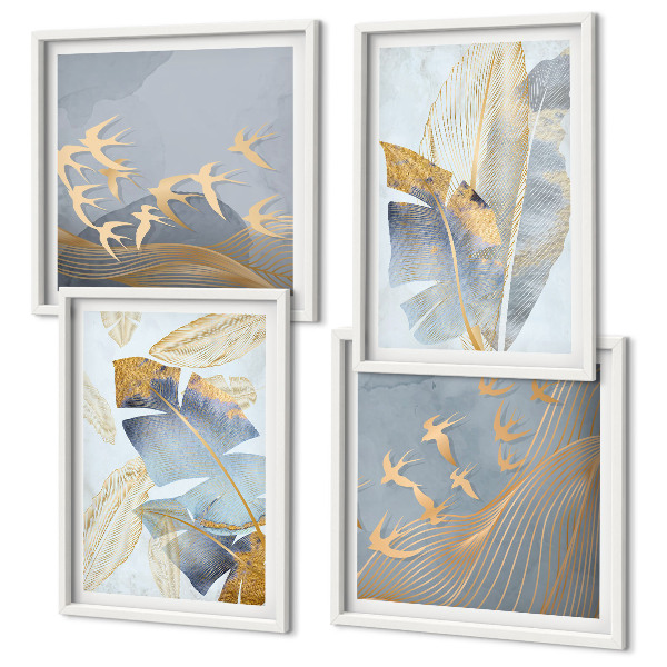Conjunto de 4 quadros com moldura Folhas azul-bege no fundo