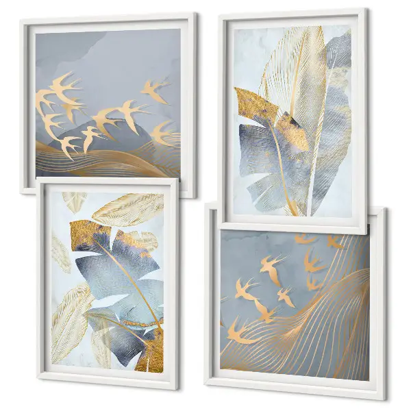 Conjunto de 4 quadros com moldura folhas azul e bege