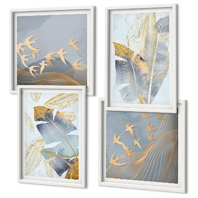 Conjunto de 4 quadros com moldura Folhas azul-bege no fundo