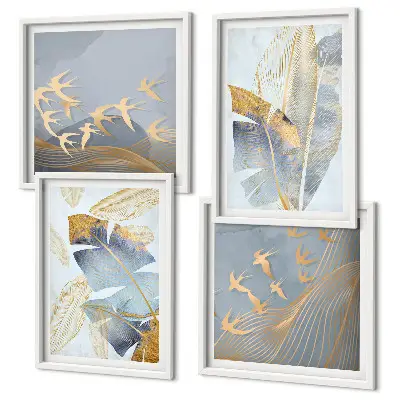 Conjunto de 4 quadros com moldura folhas azul e bege