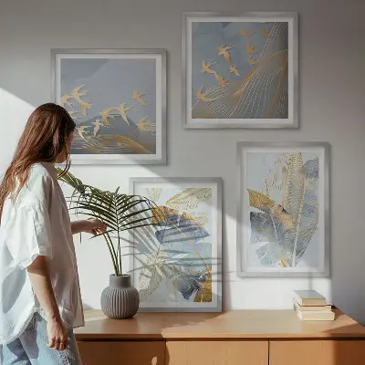 Conjunto de 4 quadros com moldura folhas azul e bege