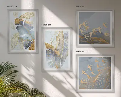 Conjunto de 4 quadros com moldura folhas azul e bege
