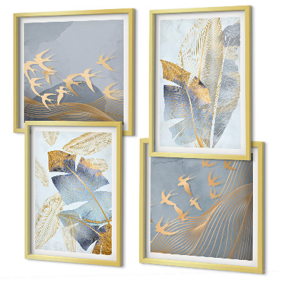 Conjunto de 4 quadros com moldura Folhas azul-bege no fundo
