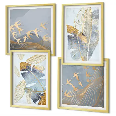 Conjunto de 4 quadros com moldura folhas azul e bege