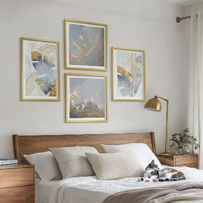 Conjunto de 4 quadros com moldura folhas azul e bege