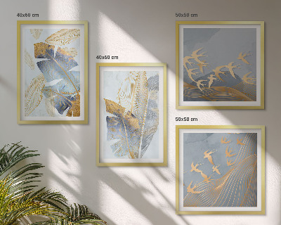 Conjunto de 4 quadros com moldura Folhas azul-bege no fundo