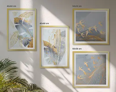 Conjunto de 4 quadros com moldura folhas azul e bege
