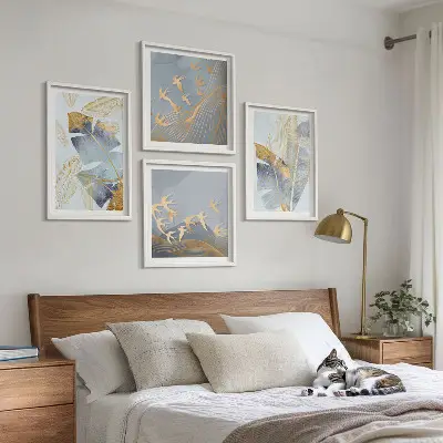 Conjunto de 4 quadros com moldura folhas azul e bege