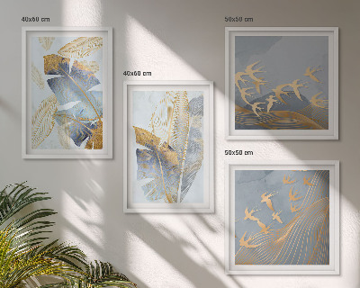 Conjunto de 4 quadros com moldura Folhas azul-bege no fundo