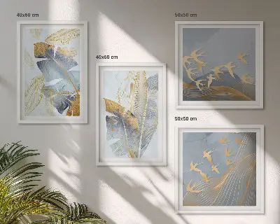 Conjunto de 4 quadros com moldura folhas azul e bege