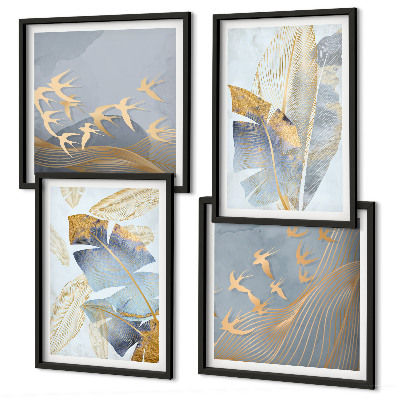 Conjunto de 4 quadros com moldura Folhas azul-bege no fundo