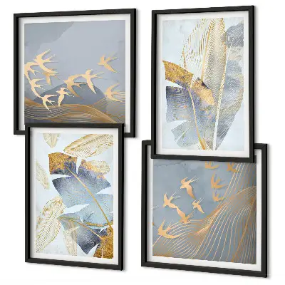 Conjunto de 4 quadros com moldura folhas azul e bege