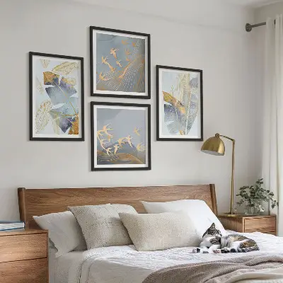 Conjunto de 4 quadros com moldura folhas azul e bege