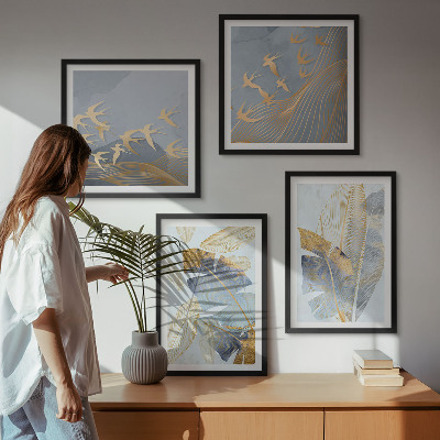 Conjunto de 4 quadros com moldura Folhas azul-bege no fundo