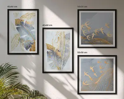 Conjunto de 4 quadros com moldura folhas azul e bege