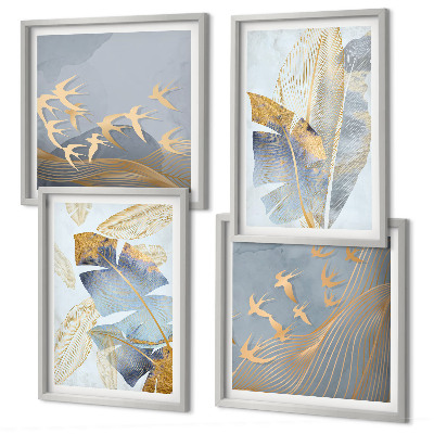 Conjunto de 4 quadros com moldura Folhas azul-bege no fundo
