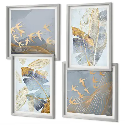 Conjunto de 4 quadros com moldura folhas azul e bege