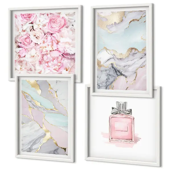 Composição de quadros flores rosa com tons de mármore pastel