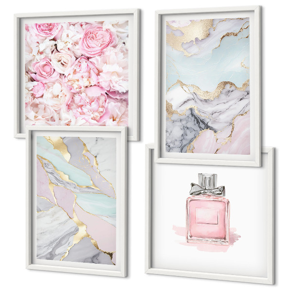 Composição de quadros Flores rosa mármore tons pastel