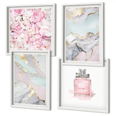 Composição de quadros flores rosa com tons de mármore pastel