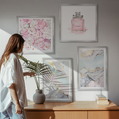 Composição de quadros Flores rosa mármore tons pastel