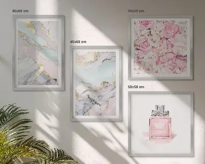 Composição de quadros flores rosa com tons de mármore pastel