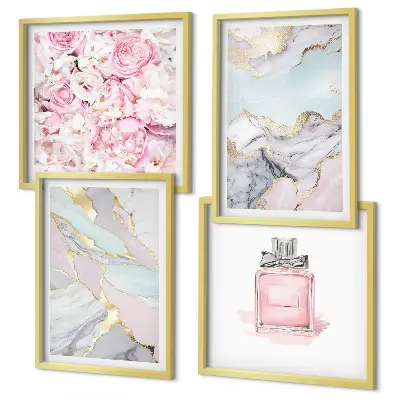 Composição de quadros flores rosa com tons de mármore pastel