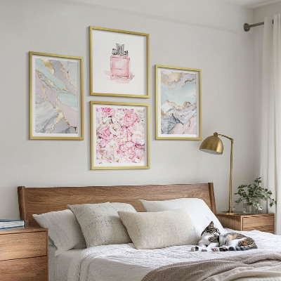 Composição de quadros Flores rosa mármore tons pastel