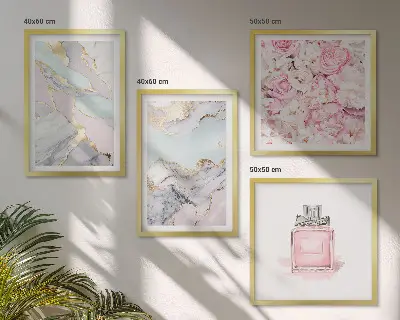 Composição de quadros flores rosa com tons de mármore pastel