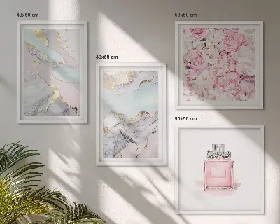 Composição de quadros flores rosa com tons de mármore pastel