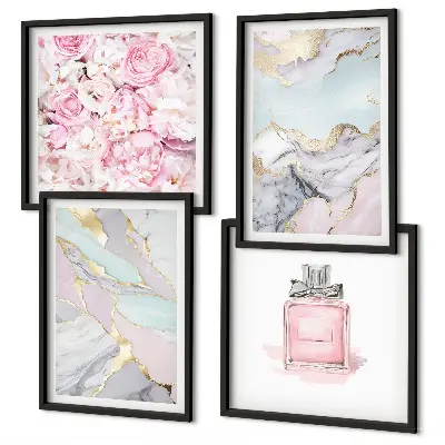 Composição de quadros flores rosa com tons de mármore pastel