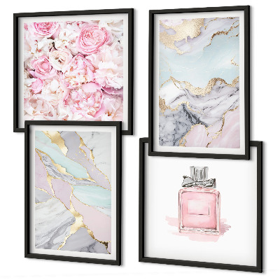 Composição de quadros Flores rosa mármore tons pastel