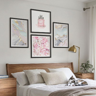 Composição de quadros Flores rosa mármore tons pastel