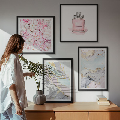 Composição de quadros Flores rosa mármore tons pastel